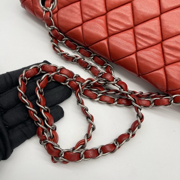 CHANEL Red Orange Leather Classic Flap Shoulder Bag - Picture 10 of 16
